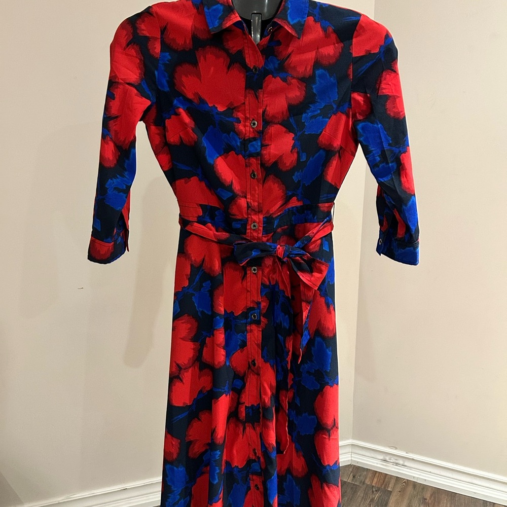 Banana Republic Red and Blue Floral Long Sleeve Dress